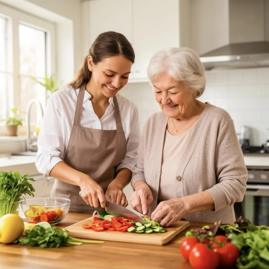 Préparation d’un repas avec une personne âgée
